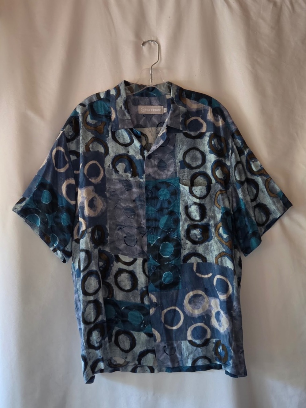 Vintage 90's JAMS WORLD Camp Shirt Hoop Hoopla Blue Abstract Circles Men's L